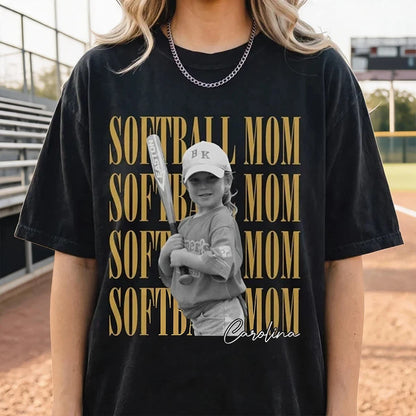 Personalized Softball Mom Classic Tee, Child Holding Bat at Ball Field, Black and Gold Unique Gift for Mom