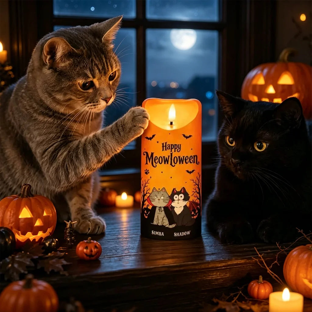 Personalized Flameless LED Candle with Cat Halloween Art, Unique Gift for Cat Mom & Pet Lover