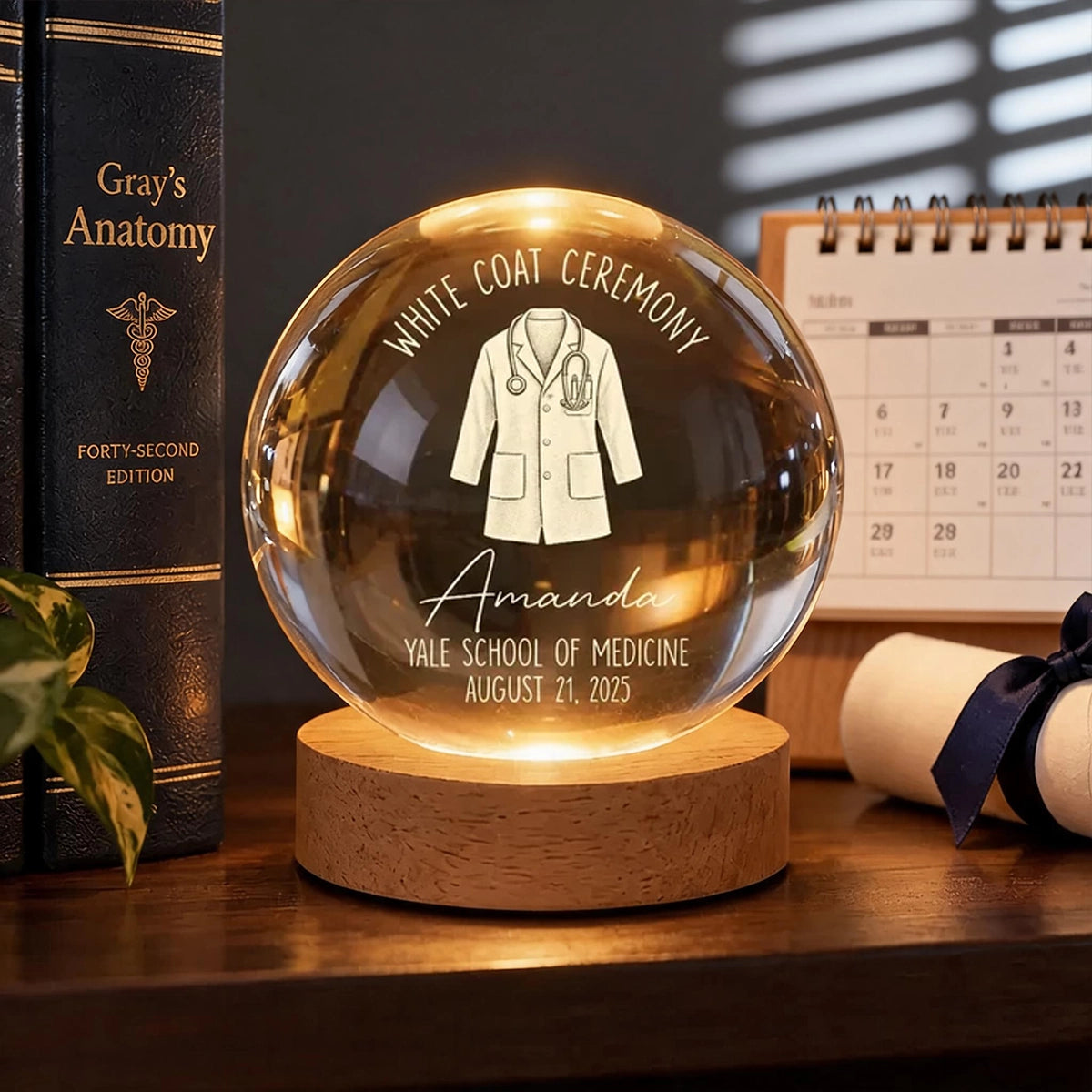 Personalized Globe Lamp with White Coat Illustration, Warm Amber Keepsake, Unique Gift for Future Doctor