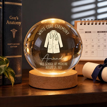 Personalized Globe Lamp with White Coat Illustration, Warm Amber Keepsake, Unique Gift for Future Doctor