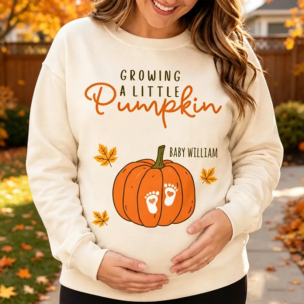 Personalized Classic Tee, Pumpkin and Baby Footprints Fall Design, Unique Gift for Mom-to-Be