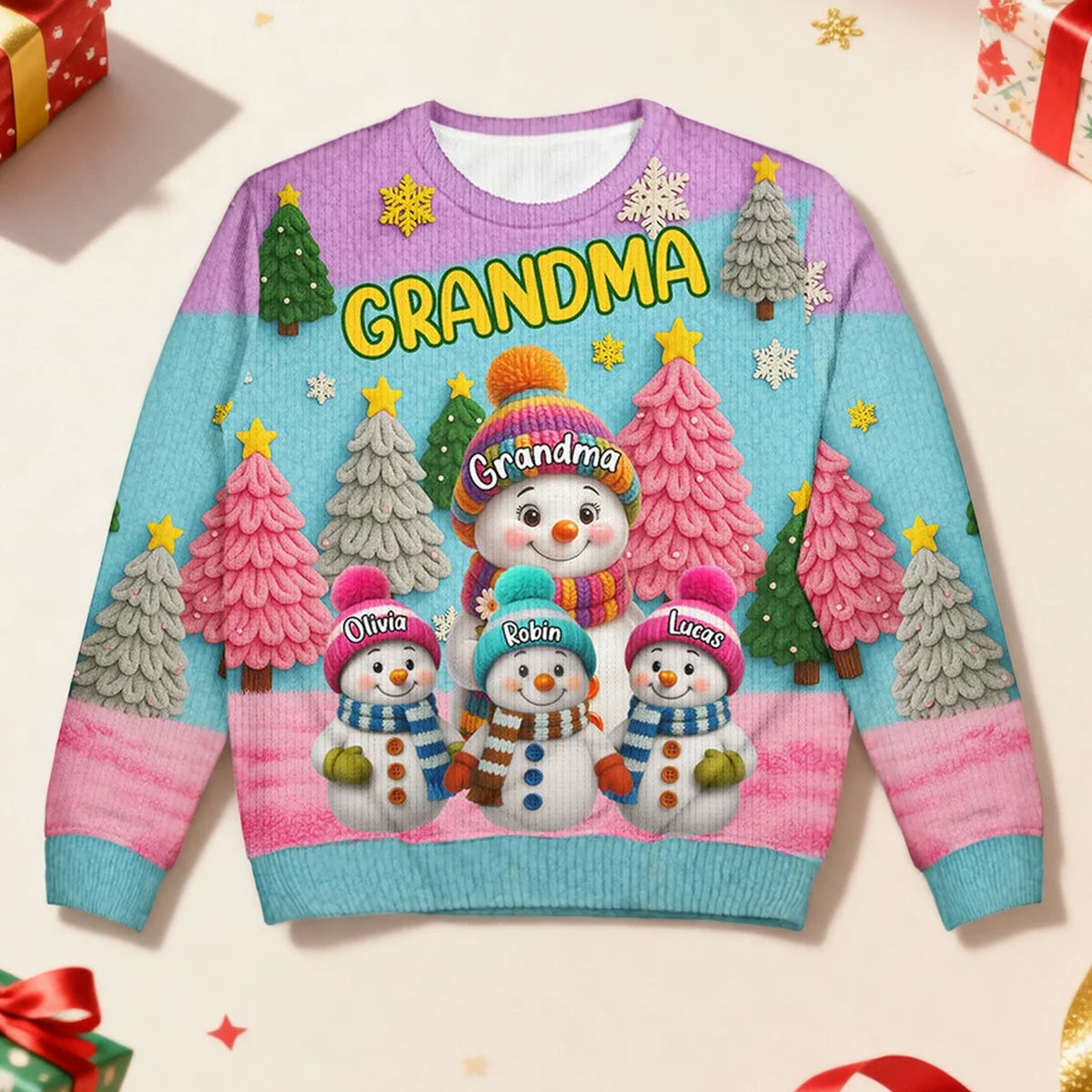 Personalized Grandma Snowman Printed Sweatshirt, Colorful Snowy Tree Scene, Unique Christmas Gift for Grandma