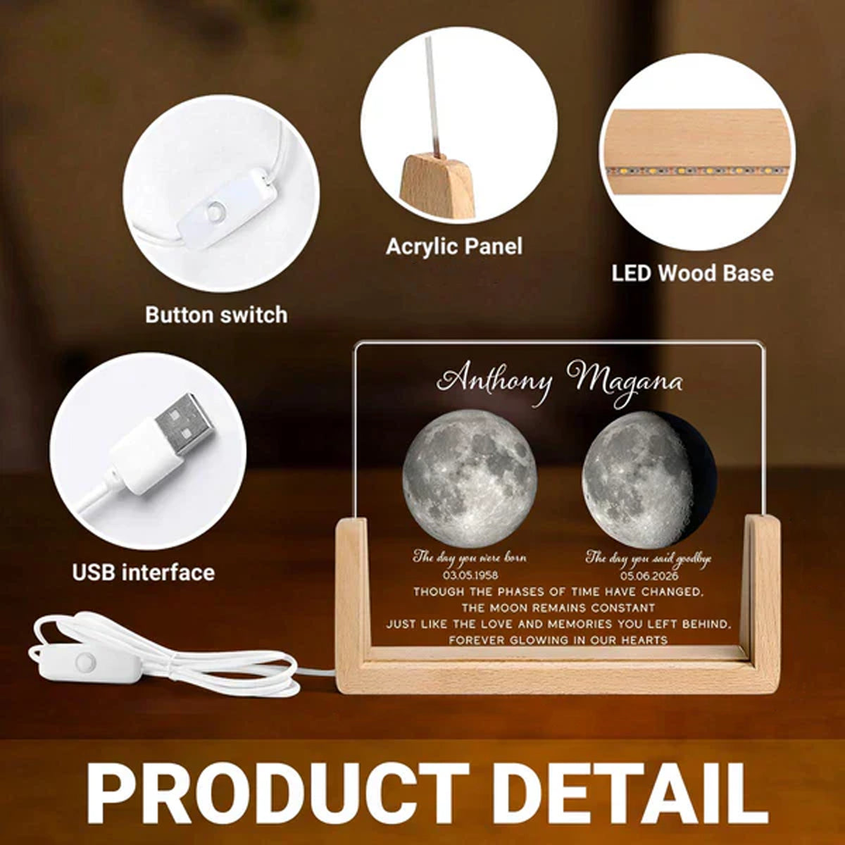 Personalized LED Light Frame with Moon Phase Memorial Art, Unique Sympathy Gift for Family Keepsake