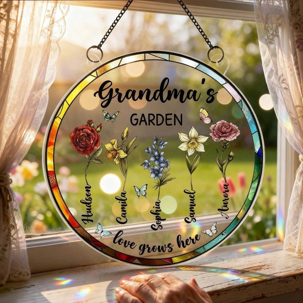 Grandma's Garden Love Grows Here Acrylic Suncatcher Ornament - Sunlight Reflection Window Decor, Thoughtful Personalized Gift