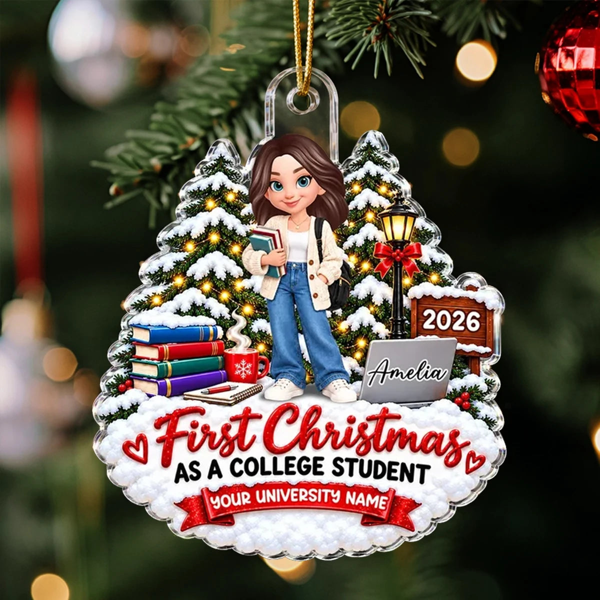 Personalized Acrylic Ornament, College Student Holding Books in a Snowy Christmas Scene, Unique Gift for Daughter
