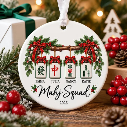 Christmas Mahjong Squad Ceramic Ornament with Hanging Tiles, Personalized Friendship Keepsake and Creative Gift