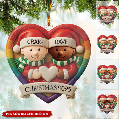 Custom LGBT Couple Acrylic Ornament, Cozy Hugging Santa Characters for Holiday Celebration, Romantic Keepsake & Special Gift