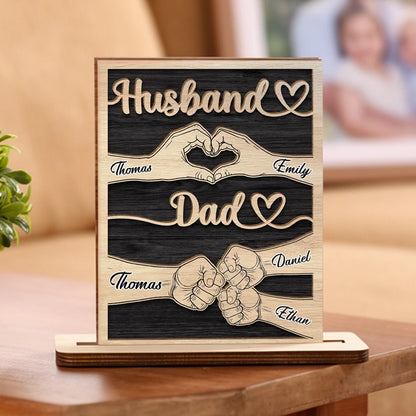 Personalized Wooden Plaque for Husband & Dad, Hand Heart Family Design, Unique Gift for Him