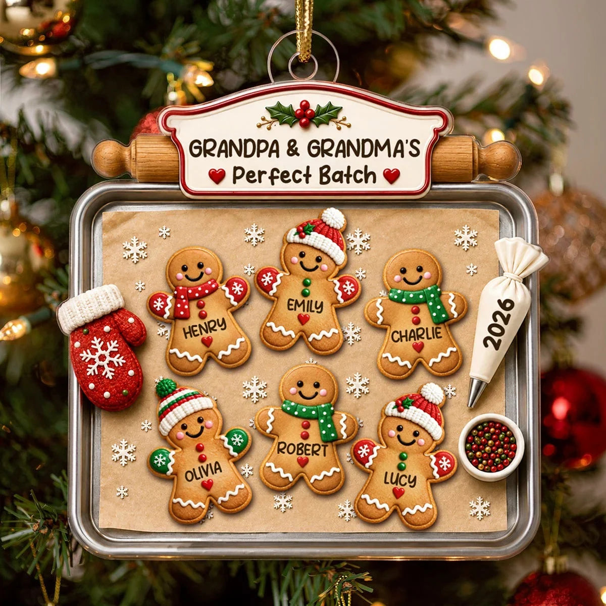 Personalized Acrylic Ornament, Gingerbread Grandkids on a Baking Tray, Red & Green Unique Christmas Gift for Grandparents