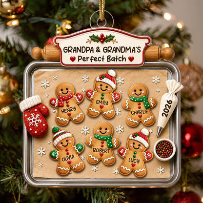 Personalized Acrylic Ornament, Gingerbread Grandkids on a Baking Tray, Red & Green Unique Christmas Gift for Grandparents