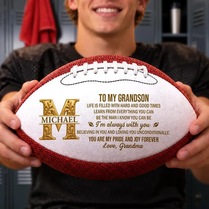 Personalized Leather Football Held in a Locker Room, Heartfelt Creative Gift for a Grandson Who Loves Football