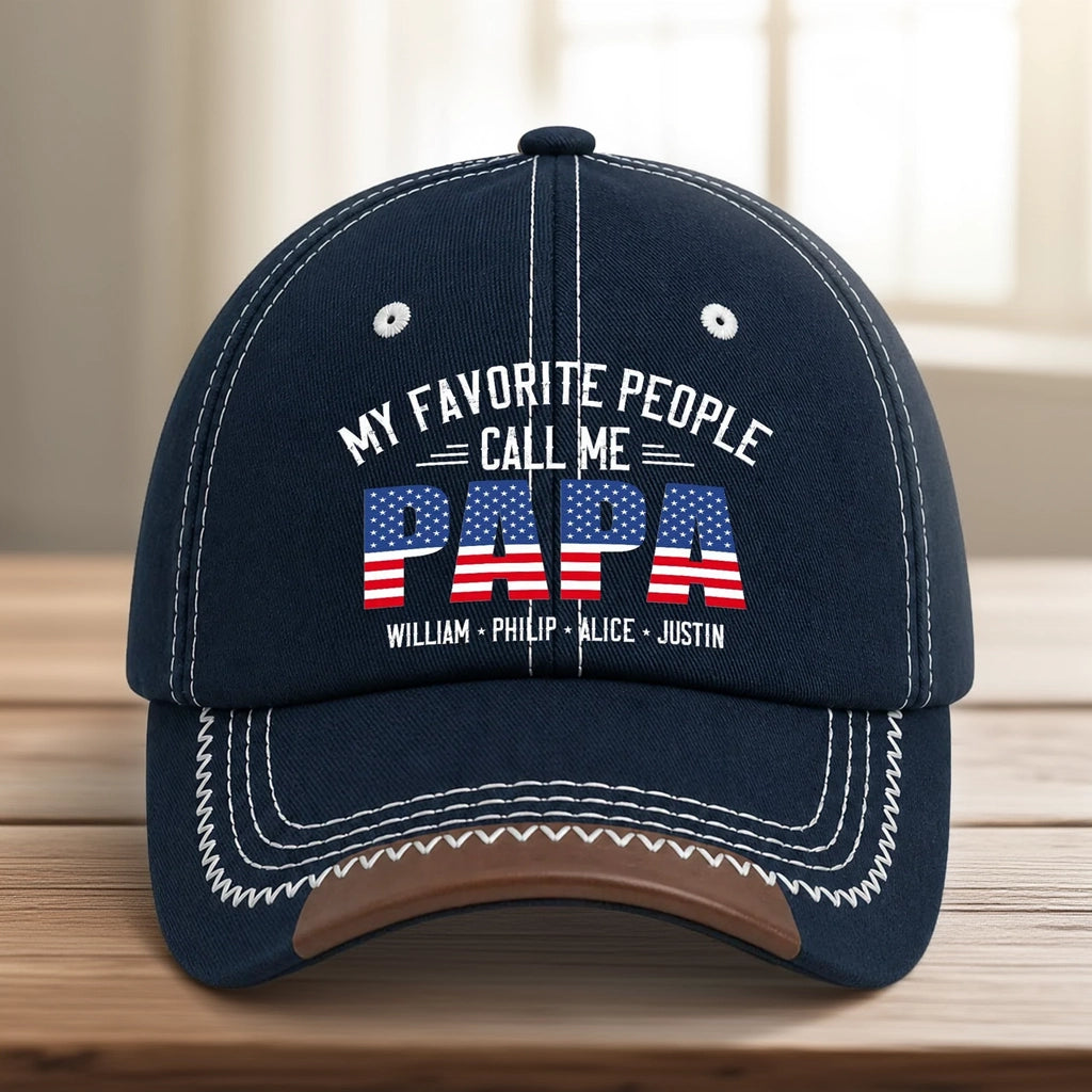 Personalized Leather Brim Cotton Cap, My Favorite People Call Me Papa, Unique Gift for Dad