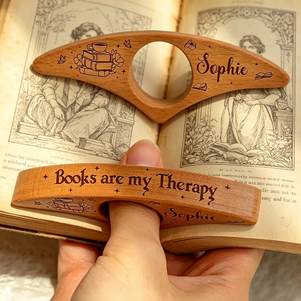 Personalized Book Page Holder with Books Are My Therapy Quote, Holding an Open Book, Unique Gift for Book Lovers