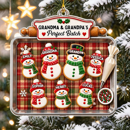 Personalized Acrylic Ornament, Snowman Cookie Family on Plaid Baking Tray, Unique Christmas Gift for Grandparents
