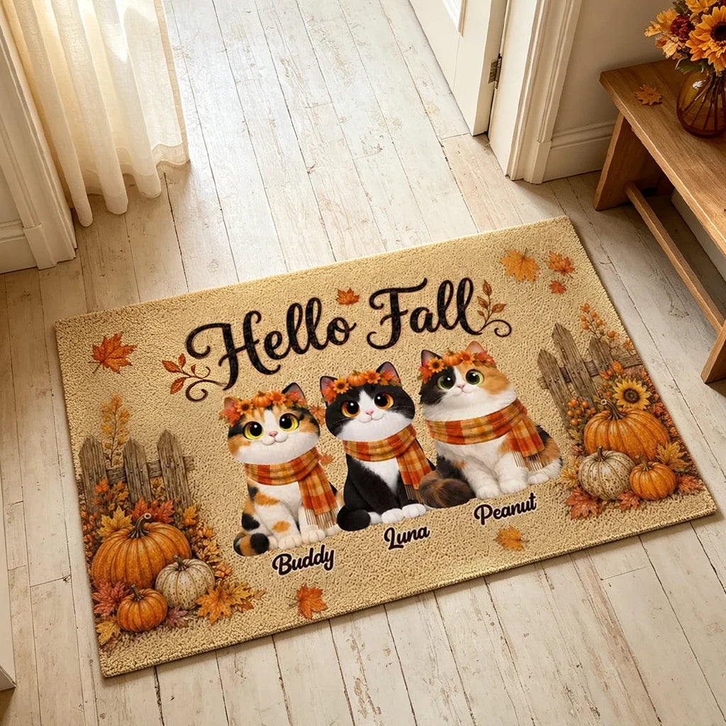 Personalized Standard Doormat with Sitting Cats, Pumpkins and Leaves, Creative Housewarming Gift for Pet Owners