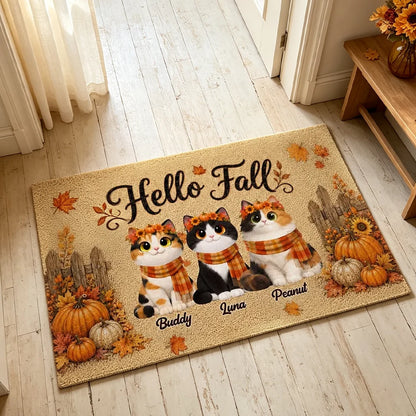 Personalized Standard Doormat with Sitting Cats, Pumpkins and Leaves, Creative Housewarming Gift for Pet Owners