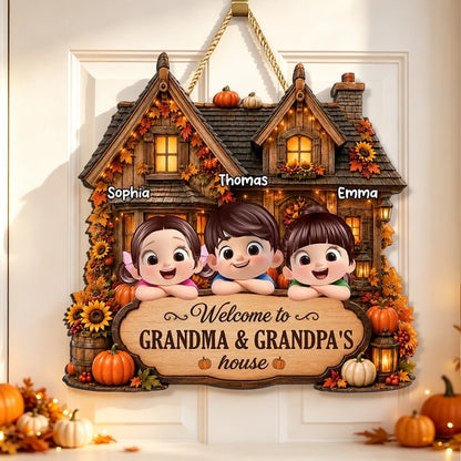 Wooden Sign with Welcome to Grandma & Grandpa's House, Cozy Autumn Cottage, Unique Creative Gift from Family