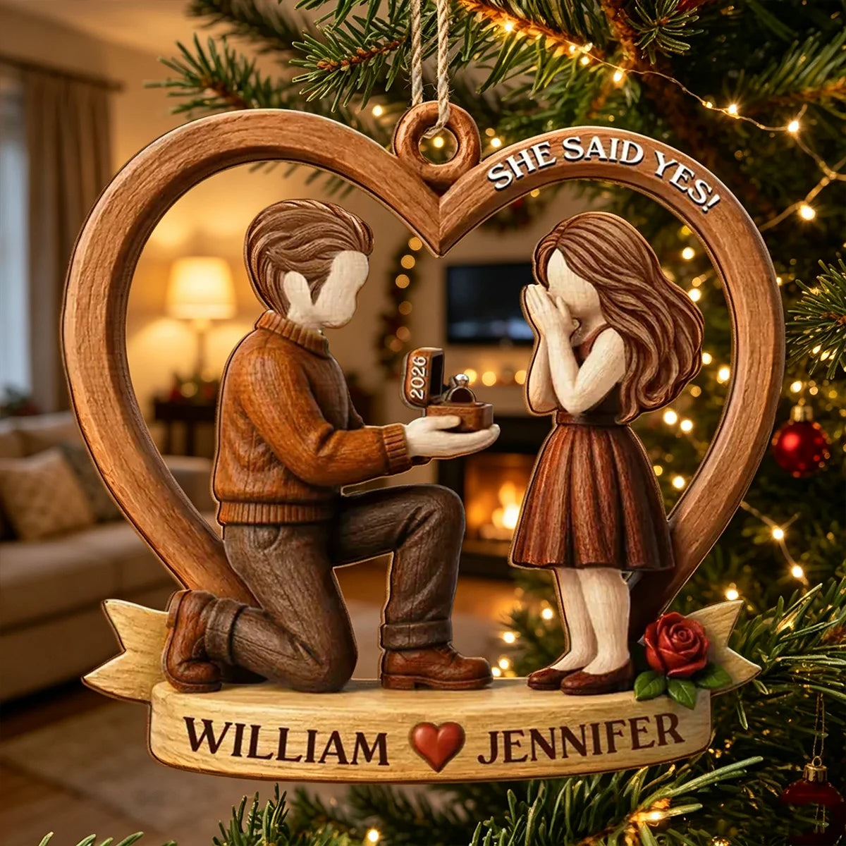 Personalized Wooden Ornament, Warm Brown Kneeling Proposal Scene, Unique Creative Gift for an Engaged Couple