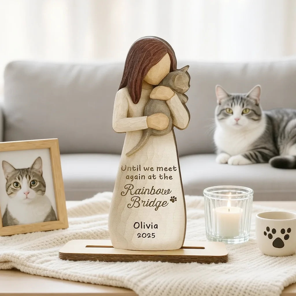 Personalized Until We Meet Again 2-Layer Wooden Plaque, Woman Holding Cat Memorial, Creative Sympathy Gift
