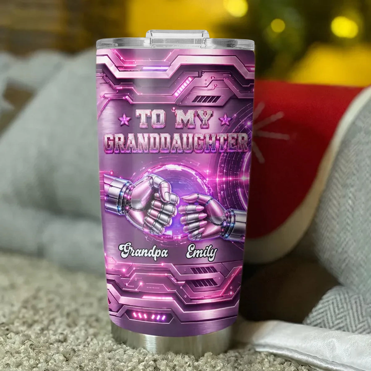Personalized Insulated Travel Tumbler, Clasped Robot Hands, Unique Motivational Gift for Granddaughter