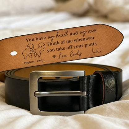 Personalized Leather Belt, Romantic Humor in Brown and Black, Cartoon Couple Posing Together, Creative Gift for Partner