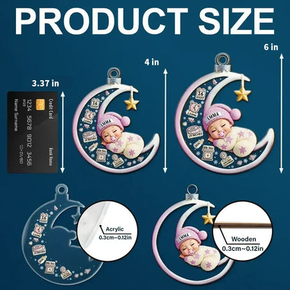 Personalized Layered Ornament, Sleeping Baby on Blue Crescent Moon, Unique Gift for New Parents