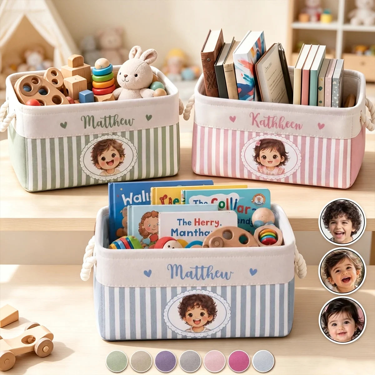 Personalized Cotton Linen Rope Basket with Smiling Child Portrait, Pastel Nursery Storage, Unique Gift for Kids