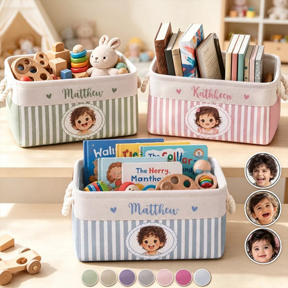 Personalized Cotton Linen Rope Basket with Smiling Child Portrait, Pastel Nursery Storage, Unique Gift for Kids