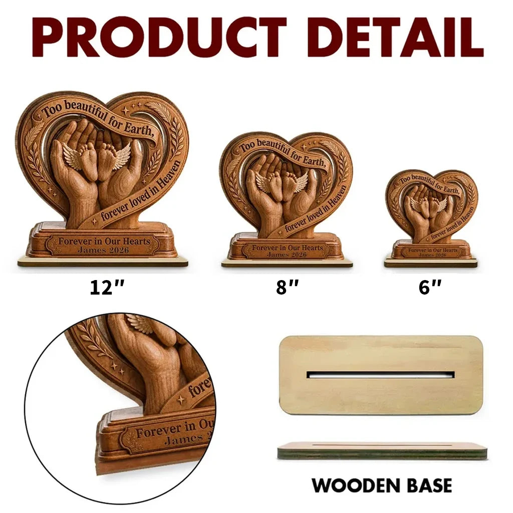 Personalized 2-Layer Wooden Plaque, Warm Brown Winged Baby Feet in Loving Hands, Unique Memorial Gift for Parents