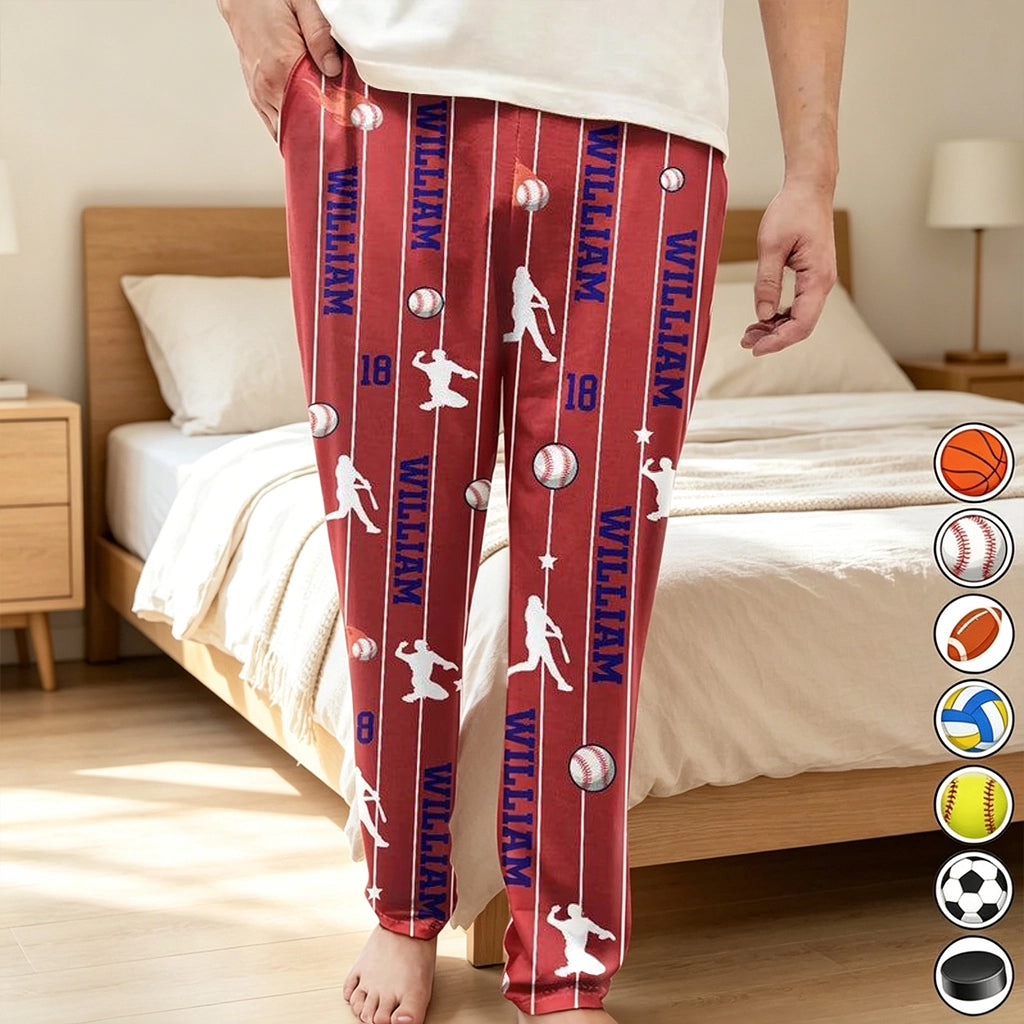 Personalized Printed Lounge Pants With Baseball Art, Creative Gift for Sports Lovers at Home