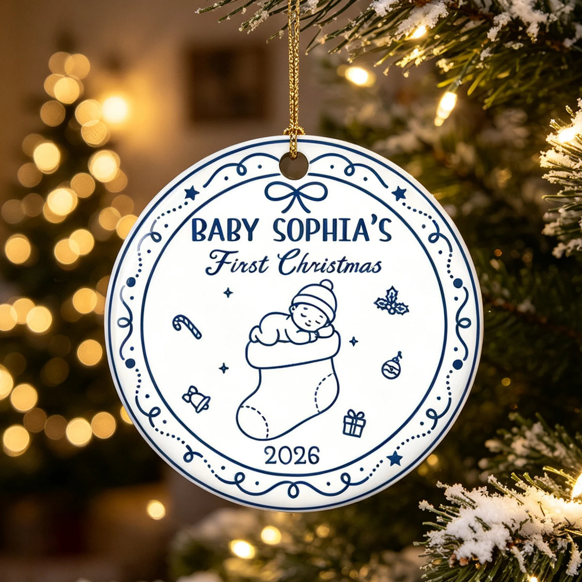 Personalized First Christmas Ceramic Ornament, Sleeping Baby in Stocking on Tree, Unique Gift for New Parents