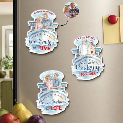 Personalized Acrylic Magnet With Couple Holding Drinks On Cruise Ship, Unique Gift For Travel Partners