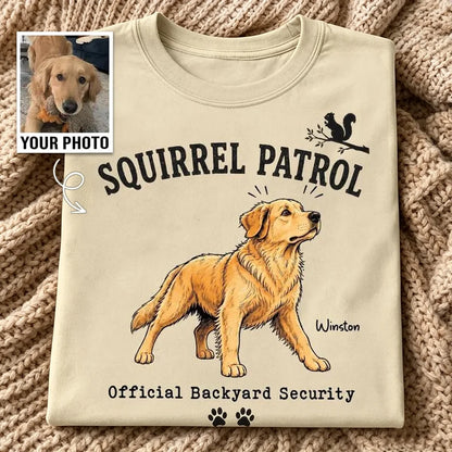 Personalized Classic Tee, Squirrel Patrol Dog Illustration, Vintage Backyard Scene, Unique Gift for Dog Lovers