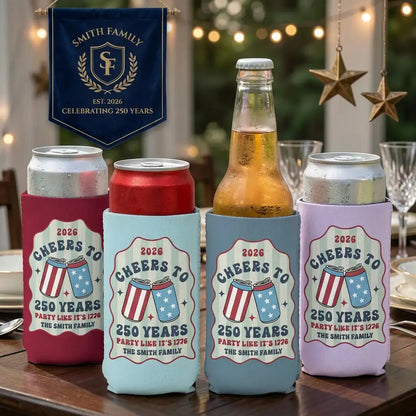 Personalized Can Cooler, Retro Patriotic Cheers Design for Backyard Picnic, Unique Gift for Party Hosts