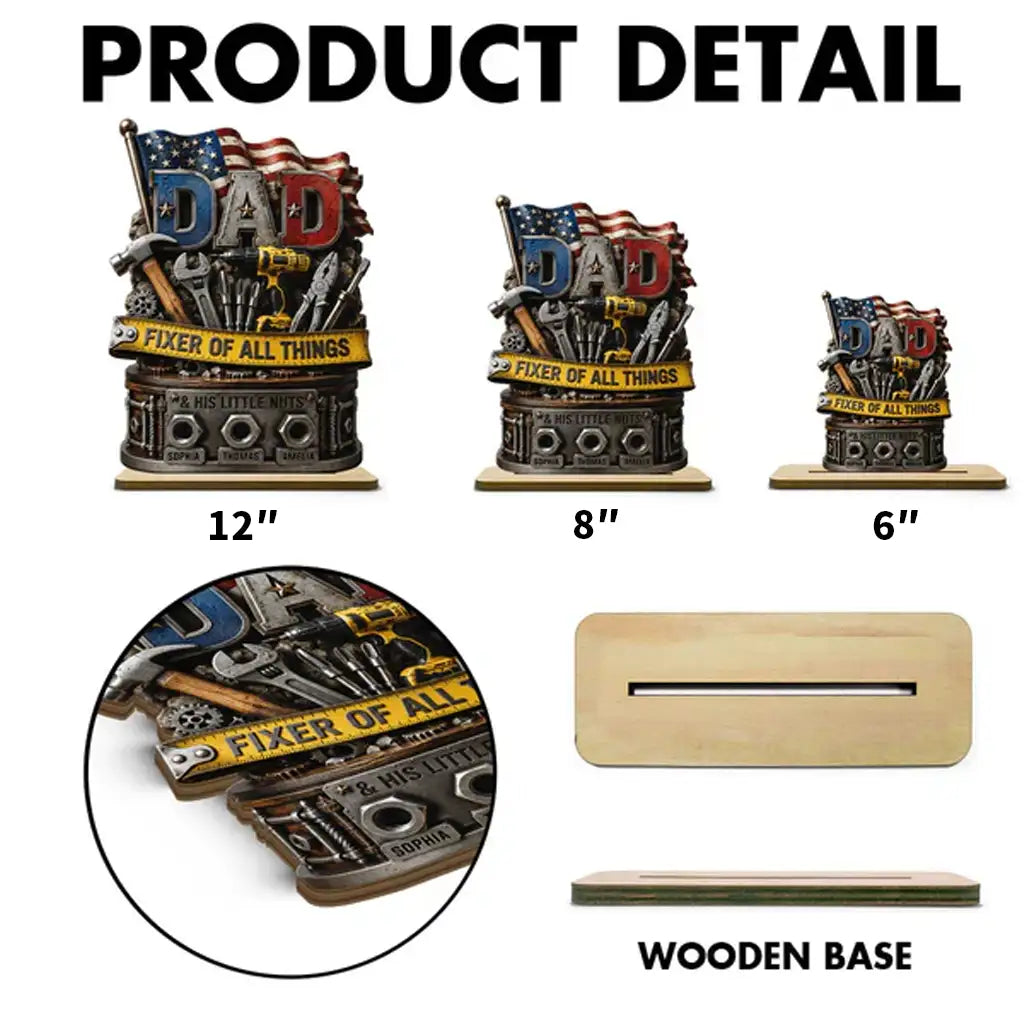 Dad Fixer of All Things Personalized 2-Layer Wooden Plaque, Creative Gift with Tools & Flag