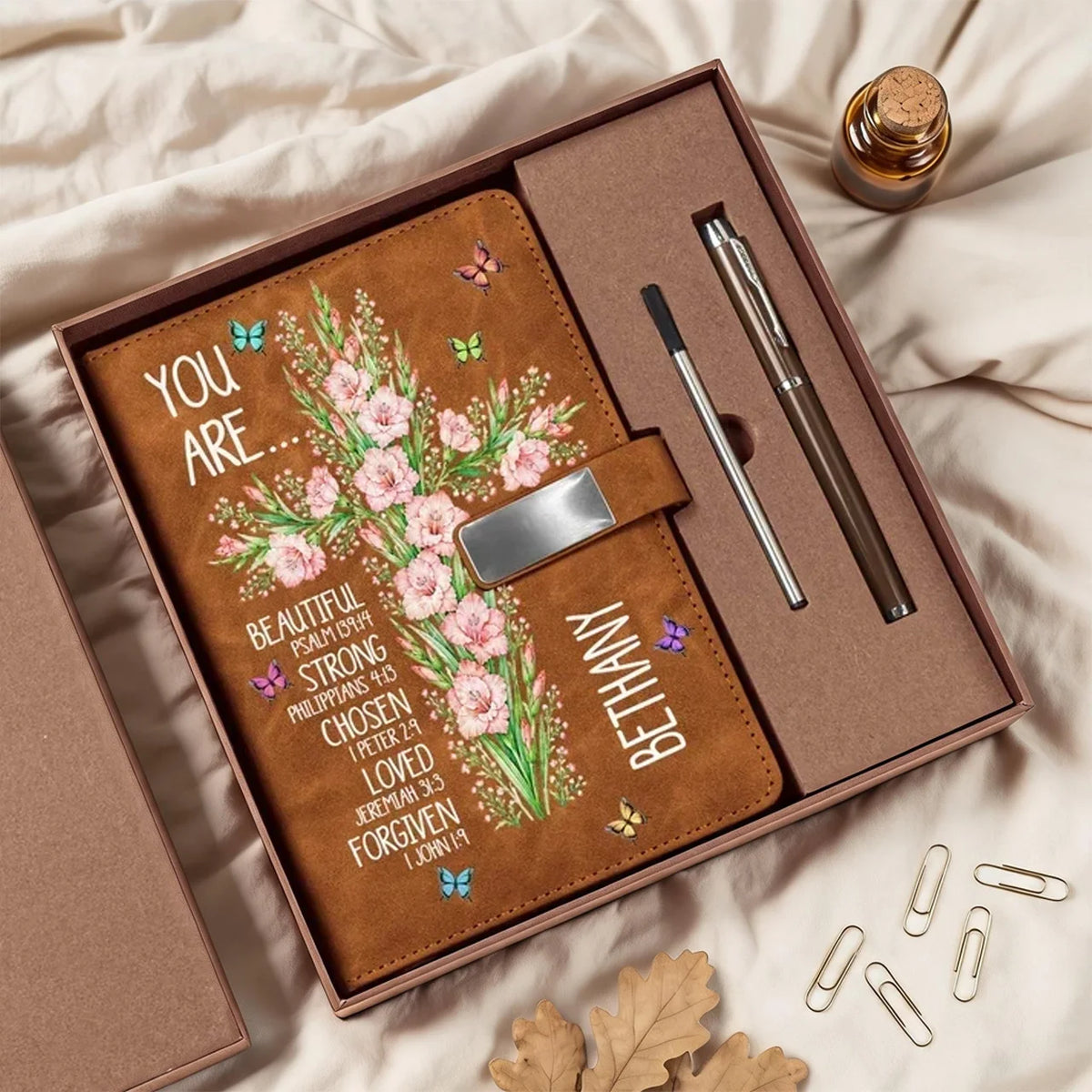Personalized Metal Buckle Notebook Set with Birth Flower Cross and Bible Affirmations, Unique Gift for Christian Women