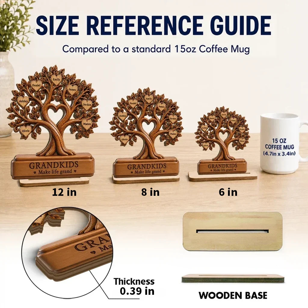 Grandkids Make Life Grand Personalized 2-Layer Wooden Plaque, Warm Brown Family Tree, Unique Gift for Grandparents