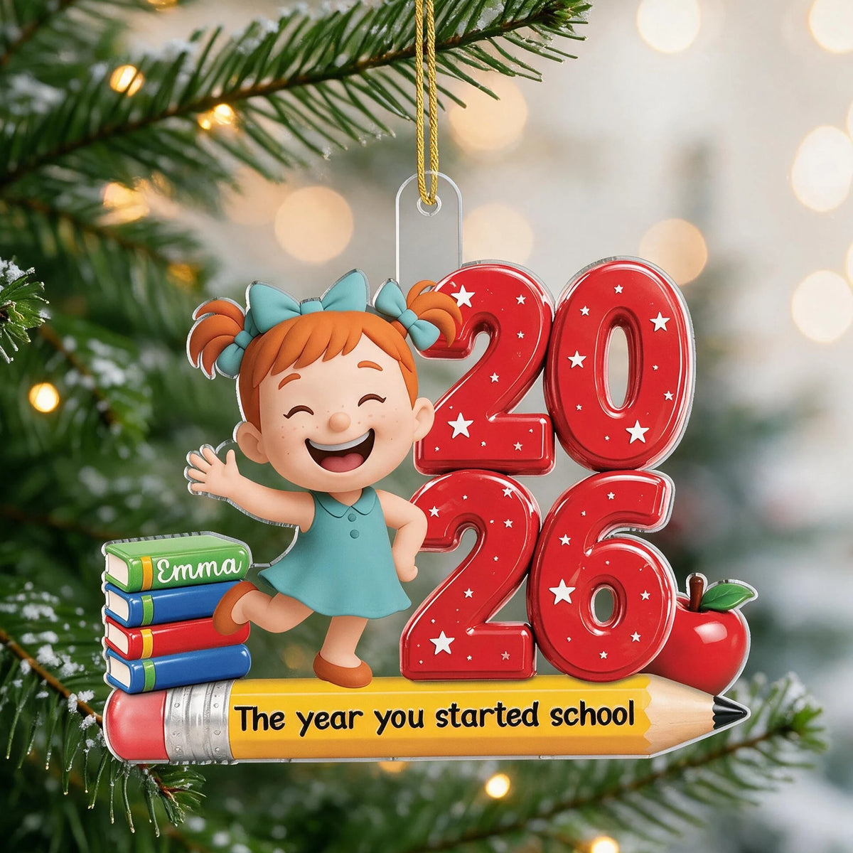 Personalized Acrylic Ornament, Waving Schoolgirl on a Festive Tree, Creative School Memory Gift for Kids