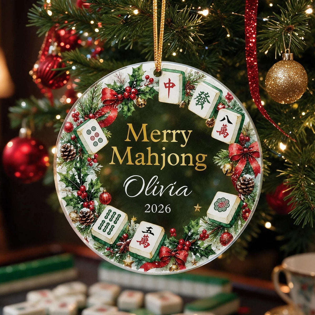 Personalized Acrylic Ornament with Merry Mahjong Wreath, Unique Christmas Gift for Mahjong Lovers