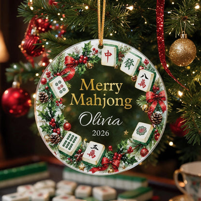 Personalized Acrylic Ornament with Merry Mahjong Wreath, Unique Christmas Gift for Mahjong Lovers