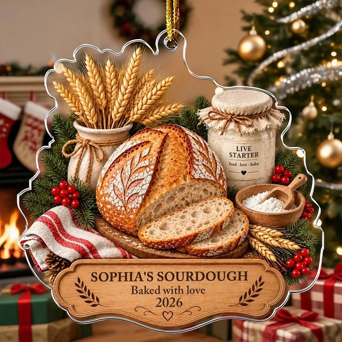 Personalized Acrylic Ornament, Sourdough Bread, Wheat & Live Starter in a Cozy Kitchen, Unique Gift for Bakers