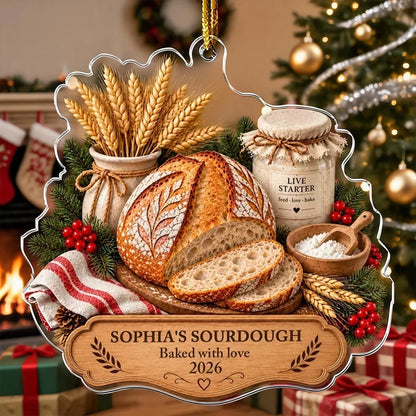Personalized Acrylic Ornament, Sourdough Bread, Wheat & Live Starter in a Cozy Kitchen, Unique Gift for Bakers