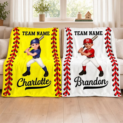 Personalized Fleece Blanket, Cartoon Baseball and Softball Player Holding a Bat, Unique Gift for Son or Daughter