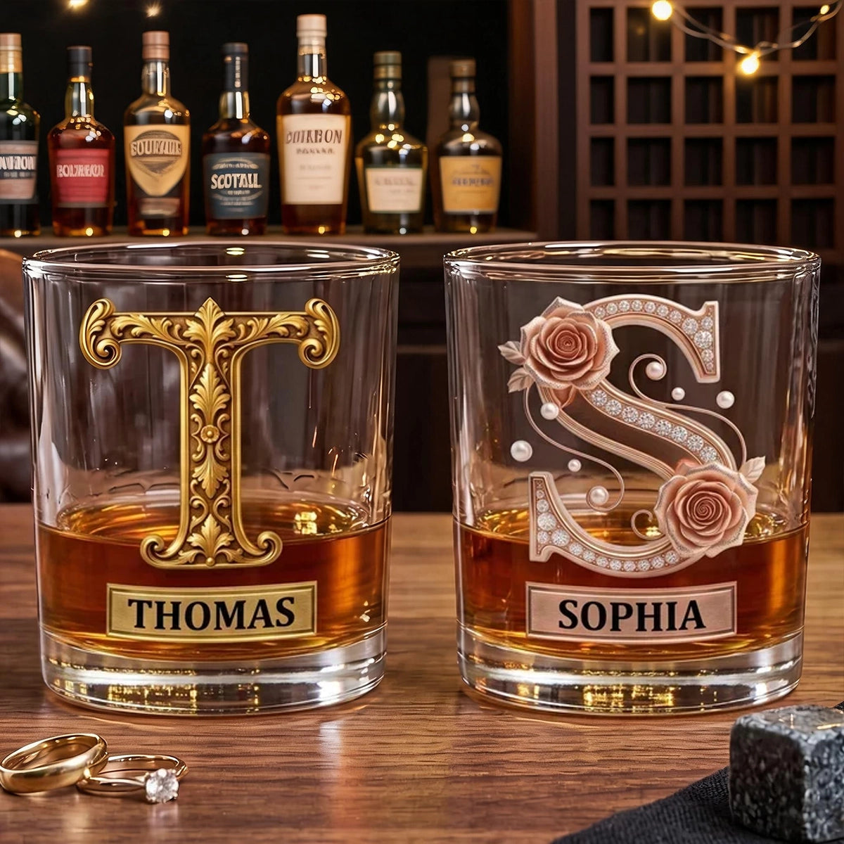 Personalized Whiskey Glass with Ornate Vintage Design, Unique Gift for Couples and Whiskey Lovers