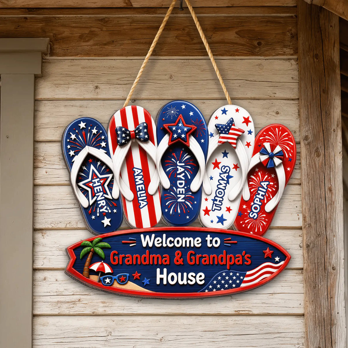 Personalized Wooden Sign With Patriotic Flip Flops, Unique Gift for Grandma & Grandpa
