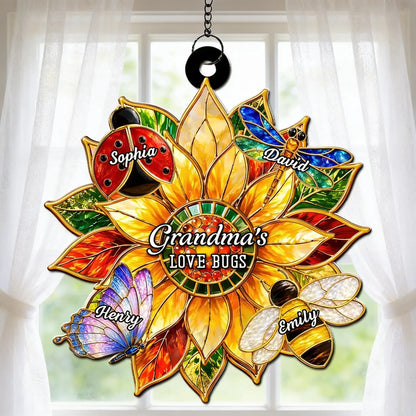 Personalized Acrylic Suncatcher Ornament, Sunflower Love Bugs Window Decor, Unique Gift for Grandma