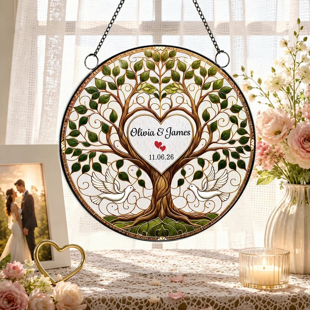 Personalized Acrylic Suncatcher Ornament, Flying Doves & Tree of Life, Unique Wedding Gift for Couples