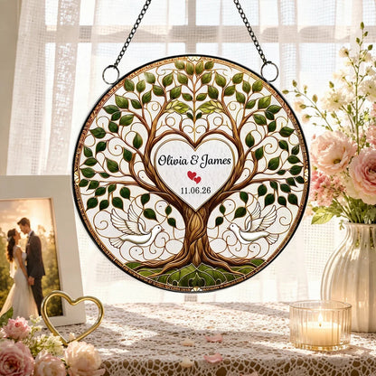 Personalized Acrylic Suncatcher Ornament, Flying Doves & Tree of Life, Unique Wedding Gift for Couples
