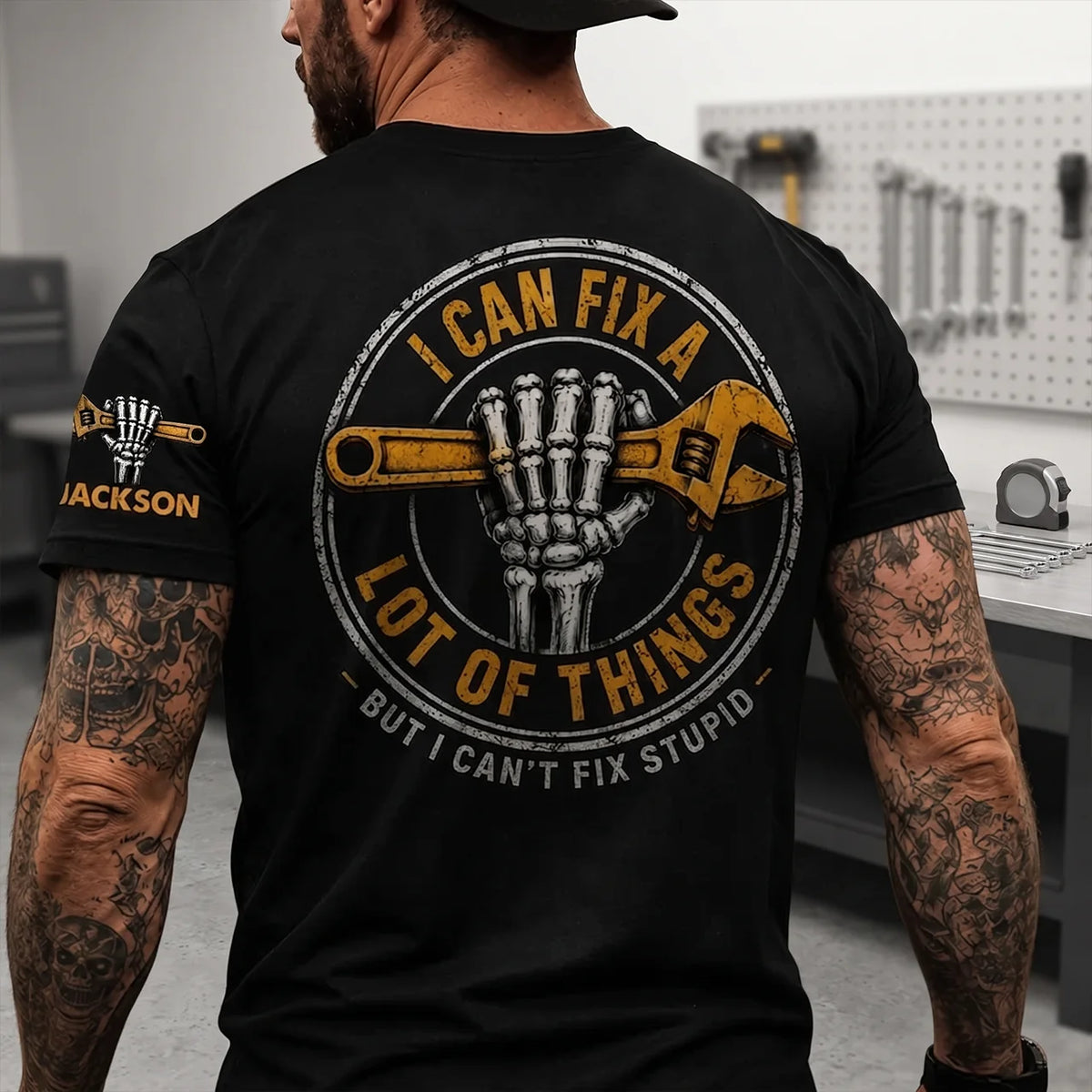 Personalized Dual Print Classic Tee, Skeleton Wrench Graphic, Unique Gift for Fix It Guys
