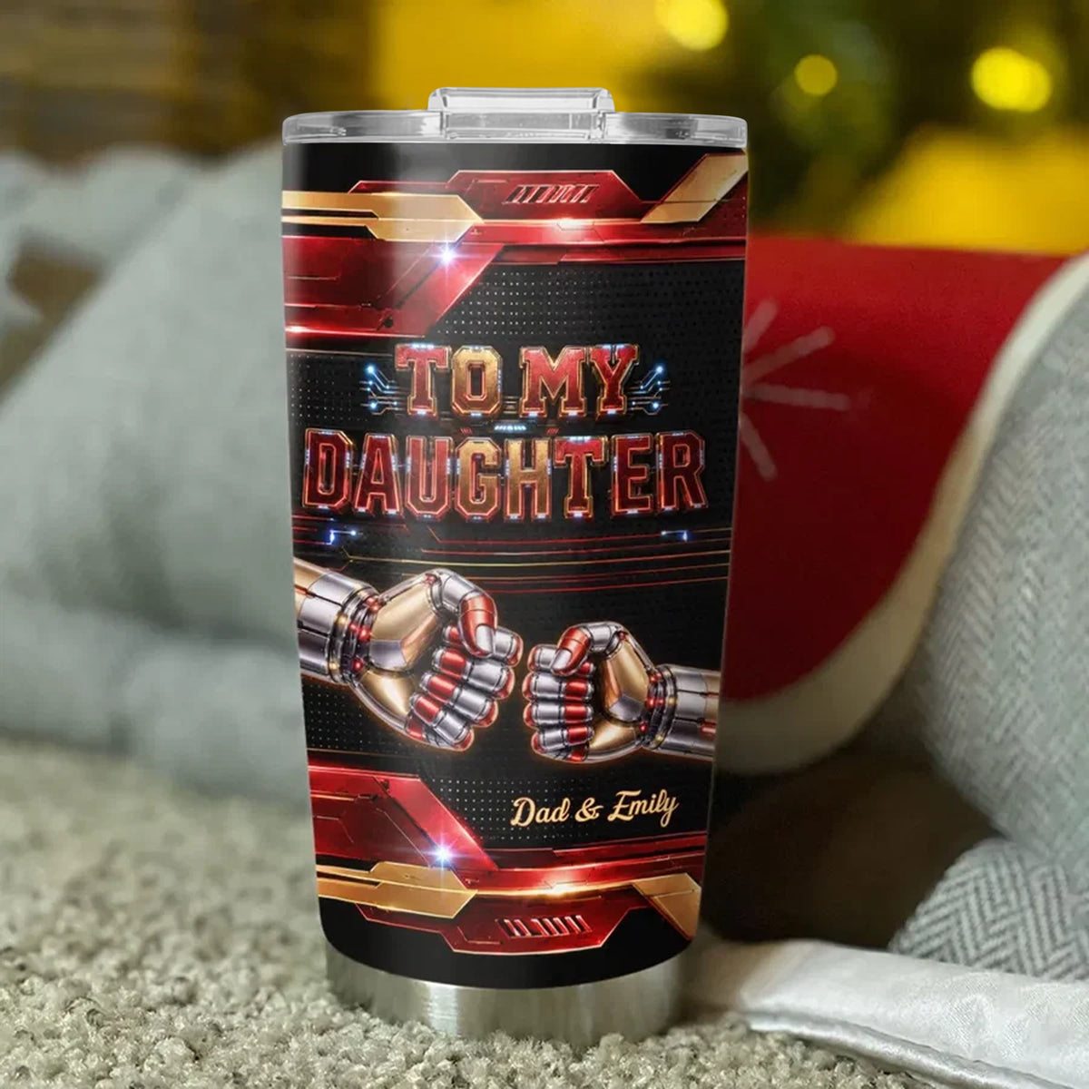 Insulated Travel Tumbler, Robotic Fist Bump Design, Red Gold Keepsake, Unique Gift for Son